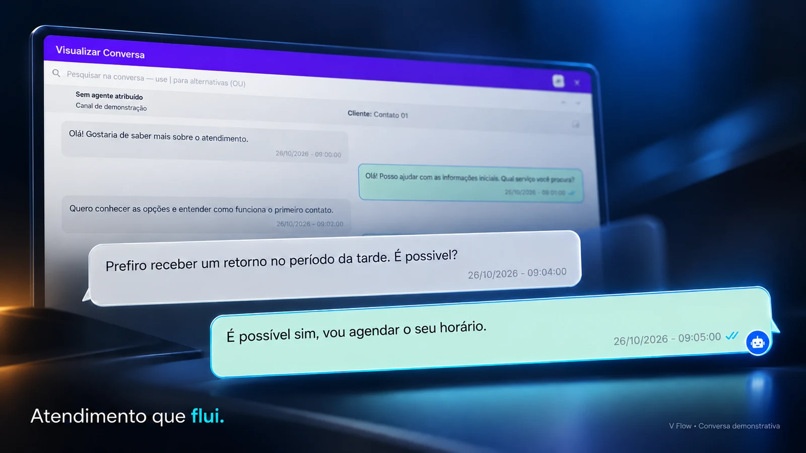Composição baseada na interface do V Flow com uma conversa demonstrativa e os principais balões em destaque.